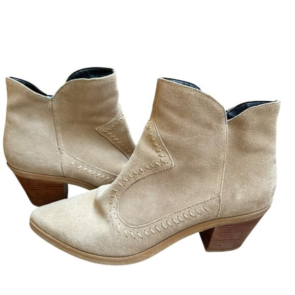 Rebecca Minkoff Tan Suede Heeled Western‎ Ankle Boots Side Zip Boho Neutral 8.5 - Picture 1 of 11